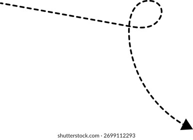 Flechas punteadas dibujadas a mano. Dibujado a mano alzada diferentes líneas curvas, remolinos y flechas. Línea de flecha curva. Doodle, estilo sketch. Ilustración vectorial aislada.