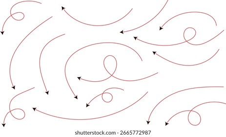 Dibujado a mano flechas punteadas en símbolos blancos. Círculo. Flechas de onda, símbolos de diseño, punteros de estilo doodle dibujados a mano,