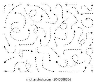 Hand drawn dotted arrows set. Sketch curved dashed arrows design. Arrow handmade. Doodle arrows of varios shapes and directions.