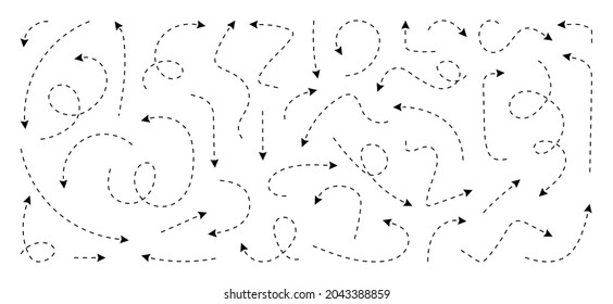 Hand drawn dotted arrows set. Sketch curved dashed arrows design. Arrow handmade. Doodle arrows of varios shapes and directions. svg