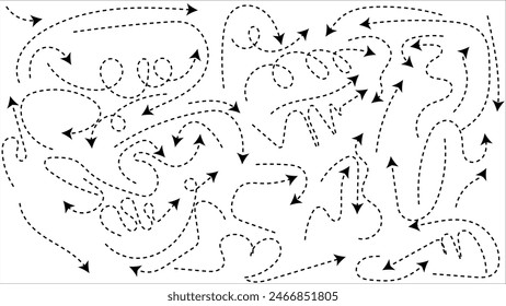 Hand drawn dotted arrows set. Set of dotted arrows. Set of dotted curved arrows. To create videos, designs and intros. Vector illustration