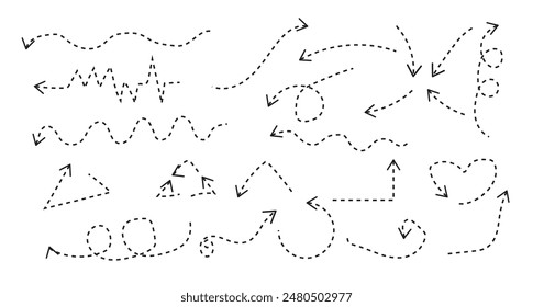 Hand drawn dotted arrows set. Sketch curved dashed arrows design. Arrow handmade. Doodle arrows of varios shapes and directions.