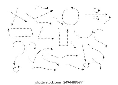 Hand drawn dotted arrows set. Sketch curved dashed arrows design. Arrow handmade. Doodle arrows of varios shapes and directions.