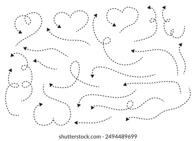 Hand drawn dotted arrows set. Sketch curved dashed arrows design. Arrow handmade. Doodle arrows of varios shapes and directions.