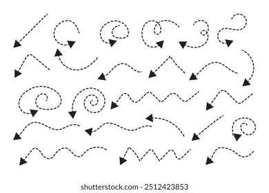 Setas pontilhadas desenhadas à mão ajustadas. Desenho curvo pontilhado setas design. Seta feita à mão. Faça doodle de setas de várias formas e direções.