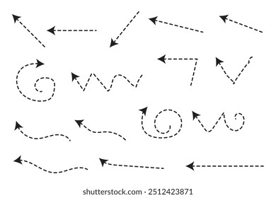 Setas pontilhadas desenhadas à mão ajustadas. Desenho curvo pontilhado setas design. Seta feita à mão. Faça doodle de setas de várias formas e direções.