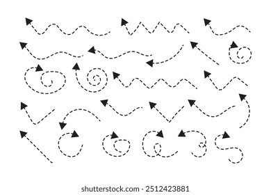 Setas pontilhadas desenhadas à mão ajustadas. Desenho curvo pontilhado setas design. Seta feita à mão. Faça doodle de setas de várias formas e direções.