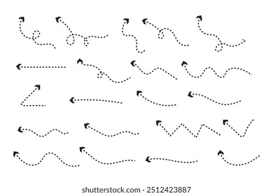 Setas pontilhadas desenhadas à mão ajustadas. Desenho curvo pontilhado setas design. Seta feita à mão. Faça doodle de setas de várias formas e direções.