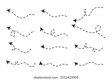 Setas pontilhadas desenhadas à mão ajustadas. Desenho curvo pontilhado setas design. Seta feita à mão. Faça doodle de setas de várias formas e direções.