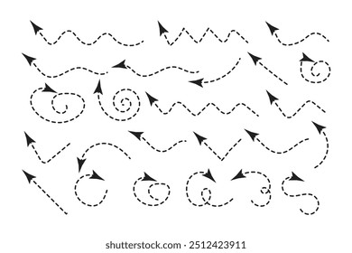 Setas pontilhadas desenhadas à mão ajustadas. Desenho curvo pontilhado setas design. Seta feita à mão. Faça doodle de setas de várias formas e direções.