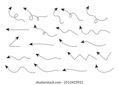 Setas pontilhadas desenhadas à mão ajustadas. Desenho curvo pontilhado setas design. Seta feita à mão. Faça doodle de setas de várias formas e direções.