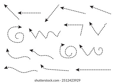 Setas pontilhadas desenhadas à mão ajustadas. Desenho curvo pontilhado setas design. Seta feita à mão. Faça doodle de setas de várias formas e direções.
