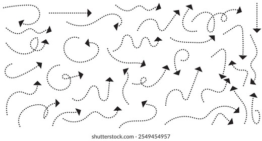 Setas pontilhadas desenhadas à mão ajustadas. Desenho curvo pontilhado setas design.