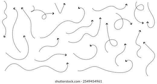 Setas pontilhadas desenhadas à mão ajustadas. Desenho curvo pontilhado setas design.