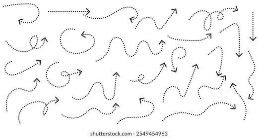 Setas pontilhadas desenhadas à mão ajustadas. Desenho curvo pontilhado setas design.