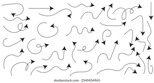 Setas pontilhadas desenhadas à mão ajustadas. Desenho curvo pontilhado setas design.