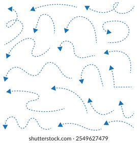 Setas pontilhadas desenhadas à mão ajustadas. Desenho curvo pontilhado setas design. Seta feita à mão. Faça doodle de setas de várias formas e direções.