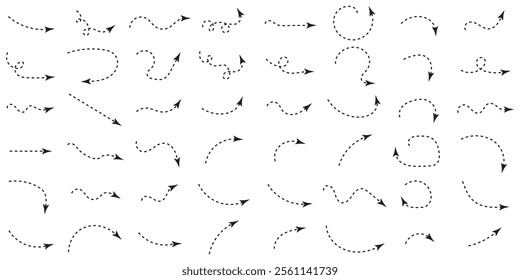 Hand drawn dotted arrows set. Sketch curved dashed arrows design. Arrow handmade. Doodle arrows illustration.