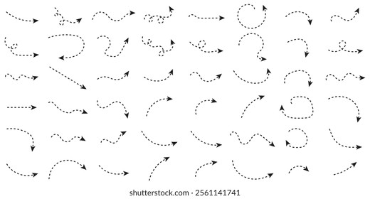 Hand drawn dotted arrows set. Sketch curved dashed arrows design. Arrow handmade. Doodle arrows illustration.