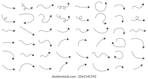 Hand drawn dotted arrows set. Sketch curved dashed arrows design. Arrow handmade. Doodle arrows illustration.