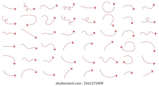 Hand drawn dotted arrows set. Sketch curved dashed arrows design. Arrow handmade. Doodle arrows of varios shapes and directions. red hand drawn curve dotted arrow icon illustration. 