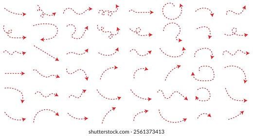 Hand drawn dotted arrows set. Sketch curved dashed arrows design. Arrow handmade. Doodle arrows of varios shapes and directions. red hand drawn curve dotted arrow icon illustration. 