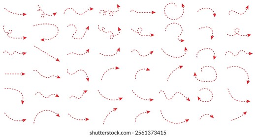 Hand drawn dotted arrows set. Sketch curved dashed arrows design. Arrow handmade. Doodle arrows of varios shapes and directions. red hand drawn curve dotted arrow icon illustration. 