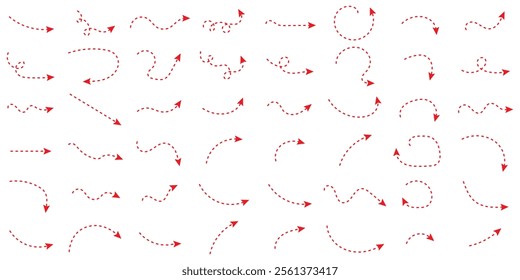 Hand drawn dotted arrows set. Sketch curved dashed arrows design. Arrow handmade. Doodle arrows of varios shapes and directions. red hand drawn curve dotted arrow icon illustration. 