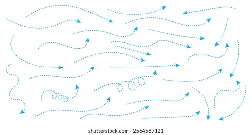 Hand drawn dotted arrows set. Sketch curved dashed arrows design. Arrow handmade. Doodle arrows of varios shapes and directions. Blue hand drawn curve dotted arrow icon illustration.