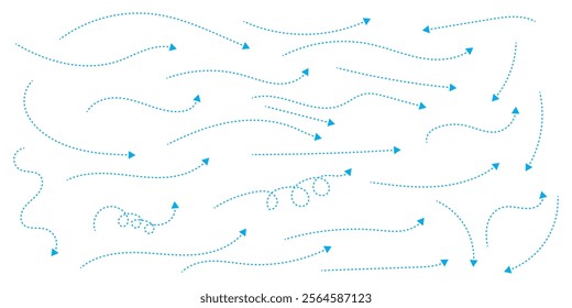 Hand drawn dotted arrows set. Sketch curved dashed arrows design. Arrow handmade. Doodle arrows of varios shapes and directions. Blue hand drawn curve dotted arrow icon illustration.