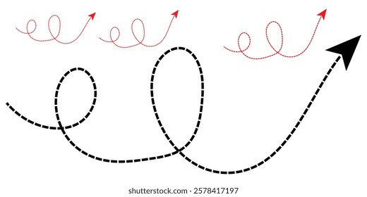 Hand drawn dotted arrows set. Sketch curved dashed arrows design. Black dot vector pointers pointing in different directions. Simple design elements of signpost showing confusing complex path. EPS 10