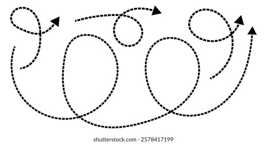 Hand drawn dotted arrows set. Sketch curved dashed arrows design. Black dot vector pointers pointing in different directions. Simple design elements of signpost showing confusing complex path. EPS 10