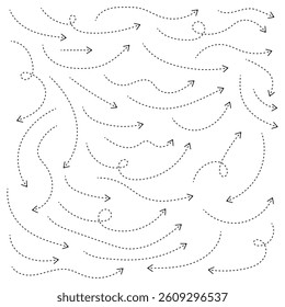 Hand drawn dotted arrows set. Hand drawn freehand different curved lines, swirls arrows. Curved arrow line. Doodle, sketch style. Dashed arrow set. Vector doodle dot line. Dotted hand drawn arrow. 