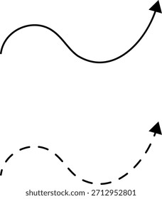 Dibujado a mano flechas punteadas conjunto Ilustración vectorial aislada sobre fondo blanco. Dibujado a mano alzada diferentes líneas curvas, remolinos y flechas. Línea de flecha curva. Doodle, estilo sketch.