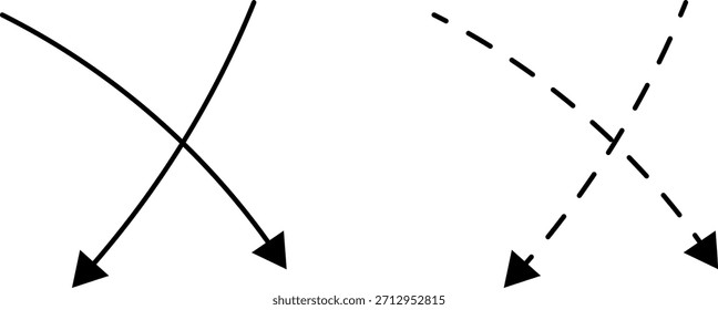 Dibujado a mano flechas punteadas conjunto Ilustración vectorial aislada sobre fondo blanco. Dibujado a mano alzada diferentes líneas curvas, remolinos y flechas. Línea de flecha curva. Doodle, estilo sketch.