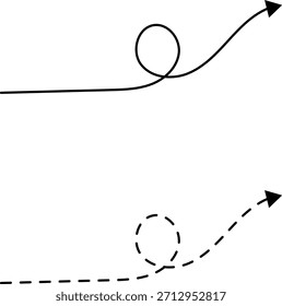 Hand drawn dotted arrows set vector illustration isolated on white background. Hand drawn freehand different curved lines, swirls arrows. Curved arrow line. Doodle, sketch style.
