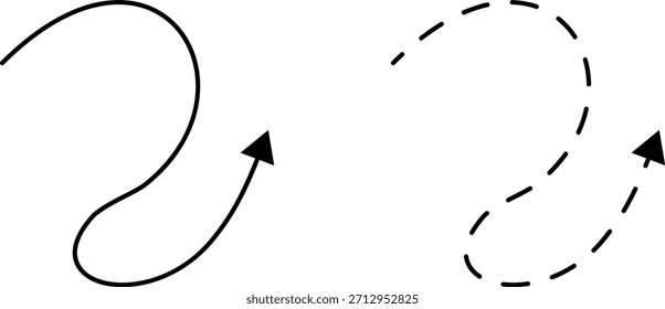 Setas pontilhadas desenhadas à mão definem a ilustração vetorial isolada no fundo branco. Mão desenhada à mão livre diferentes linhas curvas, gira setas. Linha de seta curva. Rabiscar, esboço.