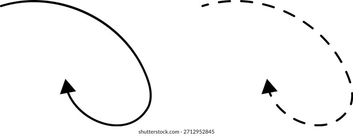 Hand drawn dotted arrows set vector illustration isolated on white background. Hand drawn freehand different curved lines, swirls arrows. Curved arrow line. Doodle, sketch style.