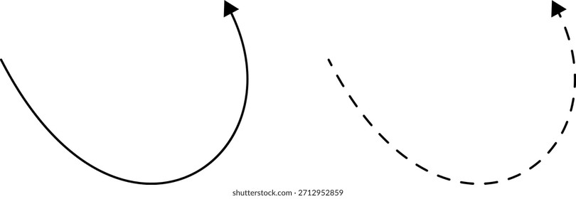 Dibujado a mano flechas punteadas conjunto Ilustración vectorial aislada sobre fondo blanco. Dibujado a mano alzada diferentes líneas curvas, remolinos y flechas. Línea de flecha curva. Doodle, estilo sketch.