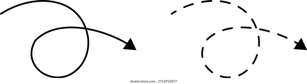 Handgezeichnete gepunktete Pfeile setzen Vektorgrafik einzeln auf weißem Hintergrund. Handgezeichnete Freihand verschiedene gekrümmte Linien, wirbelt Pfeile. Gebogene Pfeillinie. Doodle, Skizzenstil.