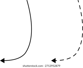 Dibujado a mano flechas punteadas conjunto Ilustración vectorial aislada sobre fondo blanco. Dibujado a mano alzada diferentes líneas curvas, remolinos y flechas. Línea de flecha curva. Doodle, estilo sketch.