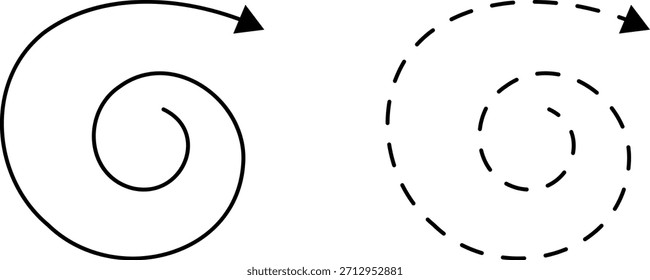 Dibujado a mano flechas punteadas conjunto Ilustración vectorial aislada sobre fondo blanco. Dibujado a mano alzada diferentes líneas curvas, remolinos y flechas. Línea de flecha curva. Doodle, estilo sketch.