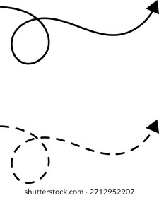 Setas pontilhadas desenhadas à mão definem a ilustração vetorial isolada no fundo branco. Mão desenhada à mão livre diferentes linhas curvas, gira setas. Linha de seta curva. Rabiscar, esboço.