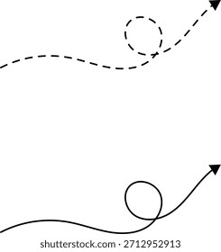 Setas pontilhadas desenhadas à mão definem a ilustração vetorial isolada no fundo branco. Mão desenhada à mão livre diferentes linhas curvas, gira setas. Linha de seta curva. Rabiscar, esboço.