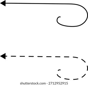 Handgezeichnete gepunktete Pfeile setzen Vektorgrafik einzeln auf weißem Hintergrund. Handgezeichnete Freihand verschiedene gekrümmte Linien, wirbelt Pfeile. Gebogene Pfeillinie. Doodle, Skizzenstil.