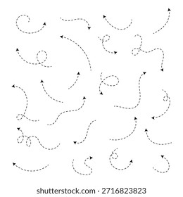 Setas pontilhadas desenhadas à mão ajustadas. Desenho curvo pontilhado setas design. Seta feita à mão.  Estilo de ponto Mão Desenhado Doodle Pontilhado setas definidas. Setas de ponto estilo doodle dashed set mão desenhada. eps 10