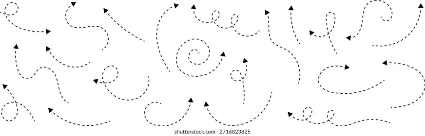 Setas pontilhadas desenhadas à mão ajustadas. Desenho curvo pontilhado setas design. Seta feita à mão.  Estilo de ponto Mão Desenhado Doodle Pontilhado setas definidas. Setas de ponto estilo doodle dashed set mão desenhada. eps 10