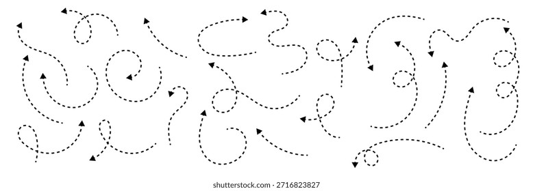Setas pontilhadas desenhadas à mão ajustadas. Desenho curvo pontilhado setas design. Seta feita à mão.  Estilo de ponto Mão Desenhado Doodle Pontilhado setas definidas. Setas de ponto estilo doodle dashed set mão desenhada. eps 10