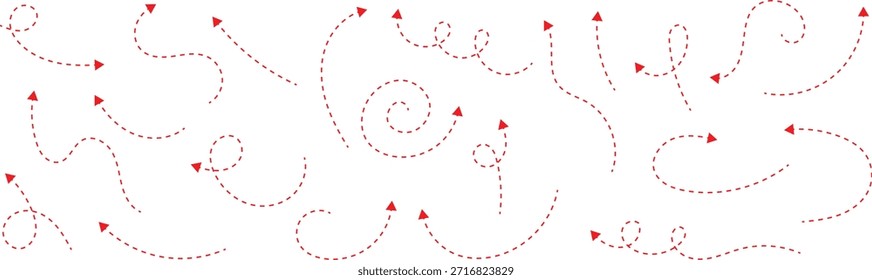 Setas pontilhadas desenhadas à mão ajustadas. Desenho curvo pontilhado setas design. Seta feita à mão.  Estilo de ponto Mão Desenhado Doodle Pontilhado setas definidas. Setas de ponto estilo doodle dashed set mão desenhada. eps 10