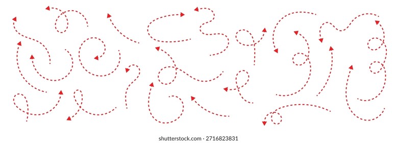 Setas pontilhadas desenhadas à mão ajustadas. Desenho curvo pontilhado setas design. Seta feita à mão.  Estilo de ponto Mão Desenhado Doodle Pontilhado setas definidas. Setas de ponto estilo doodle dashed set mão desenhada. eps 10